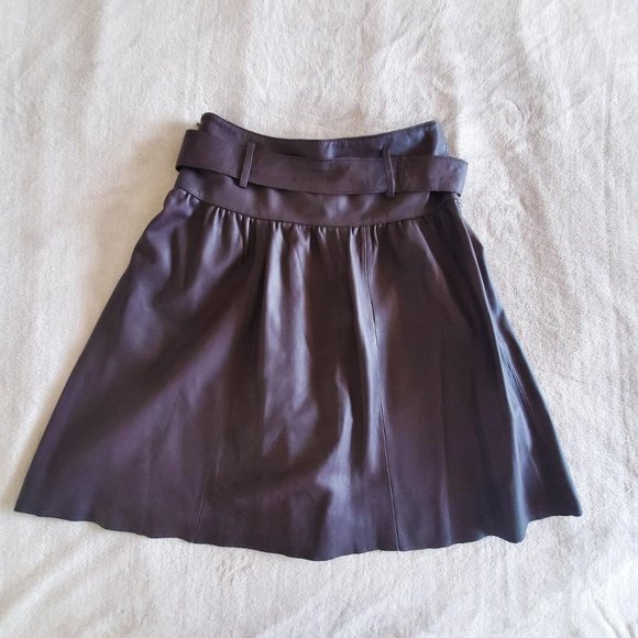 vintage rustic brown Donna di Eleganza leather A-line bowtie belt raw hem skirt - Picture 2 of 3